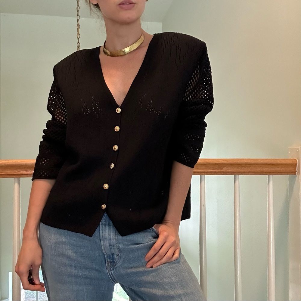 St. John Knit Black Cardigan Sz 14 Gold Buttons Open Mesh Sleeve Quiet Luxury